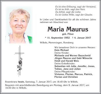 Traueranzeige von Maria Maurus von Allgäuer Zeitung, Marktoberdorf