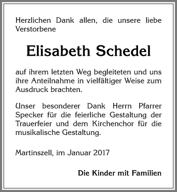 Traueranzeige von Elisabeth Schedel von Allgäuer Zeitung,Kempten