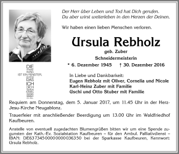 Traueranzeige von Ursula Rebholz von Allgäuer Zeitung, Kaufbeuren/Buchloe