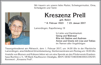 Traueranzeige von Kreszenz Prell von Allgäuer Zeitung, Kaufbeuren/Buchloe