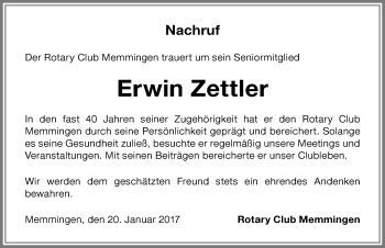 Traueranzeige von Erwin Zettler von Memminger Zeitung