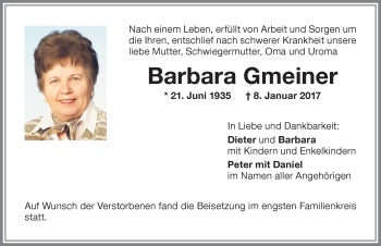 Traueranzeige von Barbara Gmeiner von Allgäuer Zeitung,Kempten