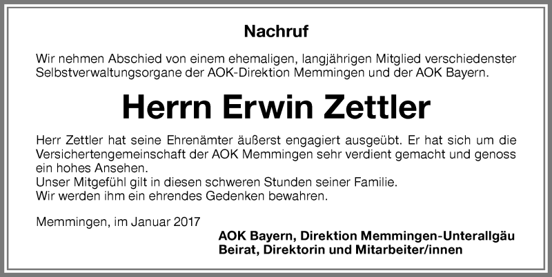  Traueranzeige für Erwin Zettler vom 20.01.2017 aus Memminger Zeitung