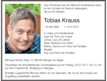 Traueranzeige von Tobias Krauss von Der Westallgäuer