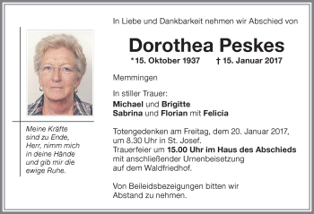 Traueranzeige von Dorothea Peskes von Memminger Zeitung