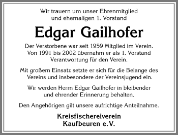 Traueranzeige von Edgar Gailhofer von Allgäuer Zeitung, Kaufbeuren/Buchloe