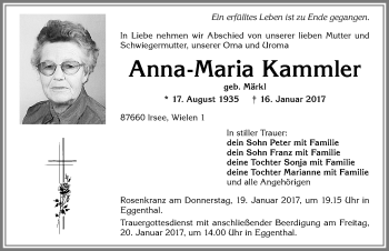 Traueranzeige von Anna-Maria Kammler von Allgäuer Zeitung, Kaufbeuren/Buchloe
