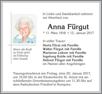 Traueranzeige von Anna Fürgut von Allgäuer Zeitung,Kempten