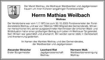 Traueranzeige von Mathias Weilbach von Allgäuer Zeitung,Kempten