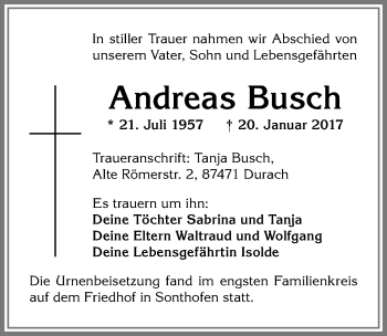 Traueranzeige von Andreas Busch von Allgäuer Zeitung,Kempten