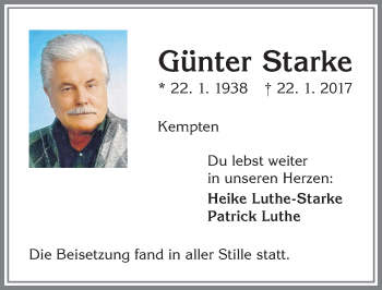 Traueranzeige von Günter Starke von Allgäuer Zeitung,Kempten