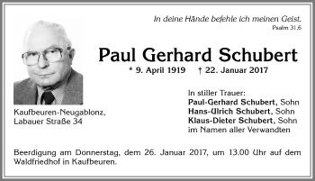 Traueranzeige von Paul Gerhard Schubert von Allgäuer Zeitung, Kaufbeuren/Buchloe