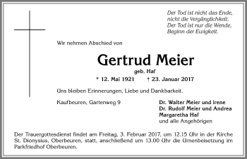 Traueranzeige von Gertrud Meier von Allgäuer Zeitung, Kaufbeuren/Buchloe