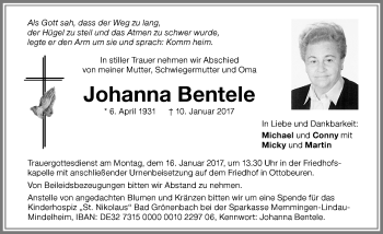 Traueranzeige von Johanna Bentele von Memminger Zeitung