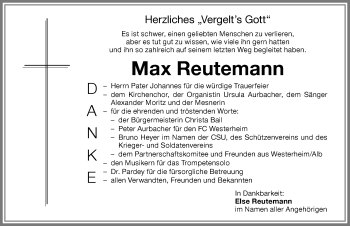 Traueranzeige von Max Reutemann von Memminger Zeitung