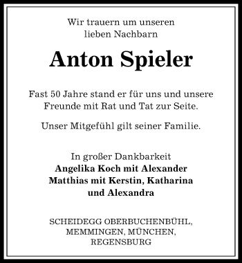 Traueranzeige von Anton Spieler von Der Westallgäuer