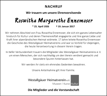 Traueranzeige von Roswitha Margarethe Ennemoser von Der Westallgäuer