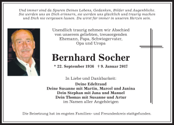 Traueranzeige von Bernhard Socher von Allgäuer Anzeigeblatt