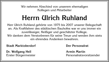 Traueranzeige von Ulrich Ruhland von Allgäuer Zeitung, Marktoberdorf