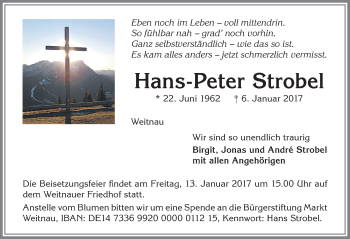 Traueranzeige von Hans-Peter Strobel von Allgäuer Zeitung,Kempten