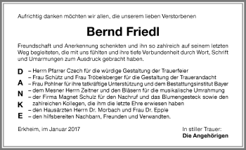 Traueranzeige von Bernd Friedl von Memminger Zeitung