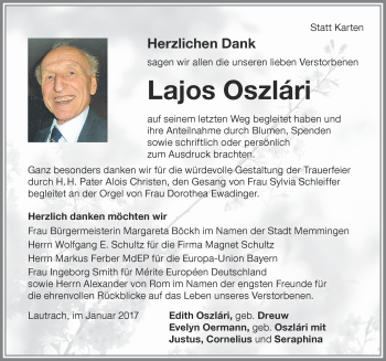 Traueranzeige von Lajos Oszlari von Memminger Zeitung