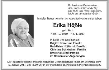 Traueranzeige von Erika Hößle von Allgäuer Zeitung, Füssen
