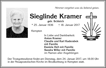 Traueranzeige von Sieglinde Kramer von Allgäuer Zeitung,Kempten