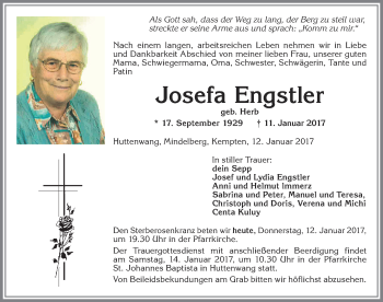 Traueranzeige von Josefa Engstler von Allgäuer Zeitung, Marktoberdorf