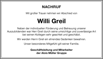 Traueranzeige von Willi Greil von Memminger Zeitung