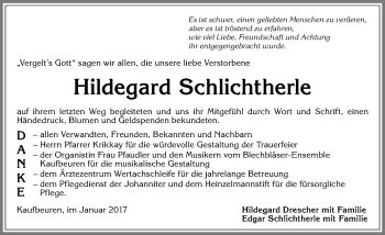 Traueranzeige von Hildegard Schlichtherle von Allgäuer Zeitung, Kaufbeuren/Buchloe