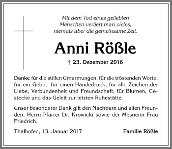 Traueranzeige von Anni Rößle von Allgäuer Zeitung, Marktoberdorf
