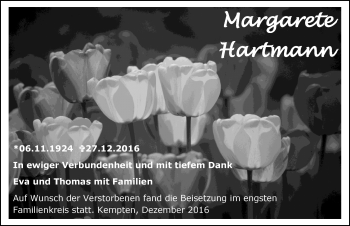 Traueranzeige von Margarete Hartmann von Allgäuer Zeitung,Kempten
