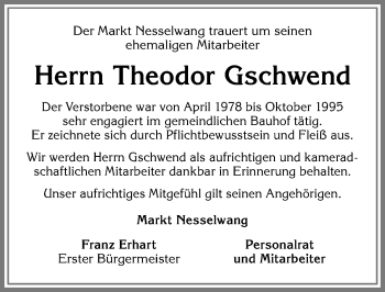 Traueranzeige von Theodor Gschwend von Allgäuer Zeitung, Füssen