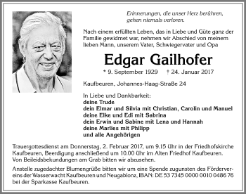 Traueranzeige von Edgar Gailhofer von Allgäuer Zeitung, Kaufbeuren/Buchloe