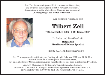 Traueranzeige von Tilbert Zell von Allgäuer Anzeigeblatt