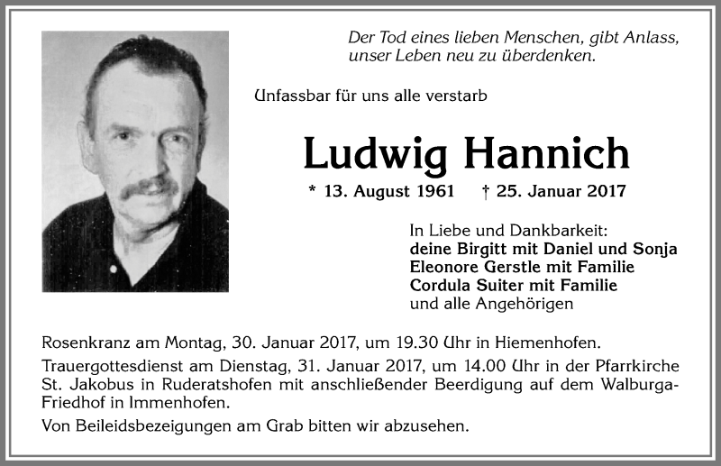  Traueranzeige für Ludwig Hannich vom 28.01.2017 aus Allgäuer Zeitung, Marktoberdorf