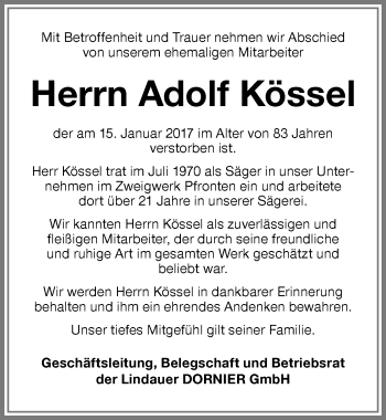 Traueranzeige von Adolf Kössel von Allgäuer Zeitung, Füssen