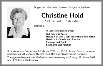 Traueranzeige von Christine Hold von Allgäuer Zeitung,Kempten