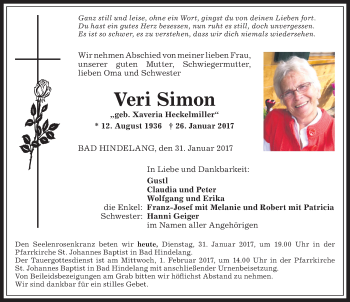Traueranzeige von Veri Simon von Allgäuer Anzeigeblatt
