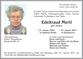 Traueranzeige von Edeltraud Mertl von Allgäuer Zeitung, Kaufbeuren/Buchloe