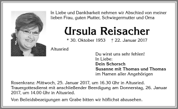 Traueranzeige von Ursula Reisacher von Allgäuer Zeitung,Kempten