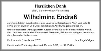 Traueranzeige von Wilhelmine Endraß von Allgäuer Zeitung, Marktoberdorf
