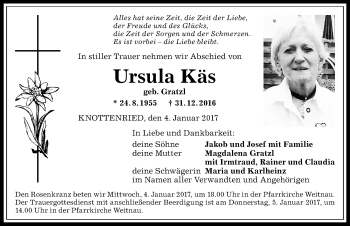 Traueranzeige von Ursula Käs von Allgäuer Anzeigeblatt