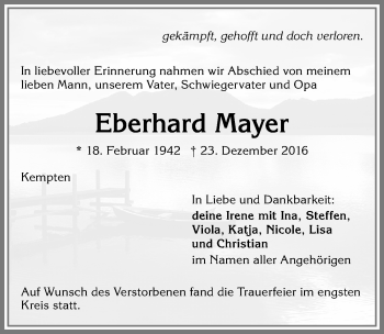 Traueranzeige von Eberhard Mayer von Allgäuer Zeitung,Kempten