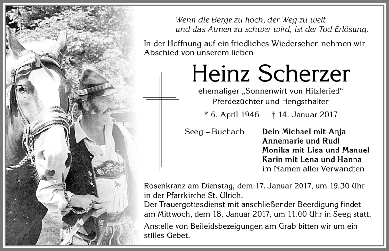  Traueranzeige für Heinz Scherzer vom 16.01.2017 aus Allgäuer Zeitung, Füssen