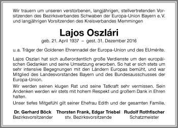 Traueranzeige von Lajos Oszlari von Memminger Zeitung