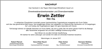 Traueranzeige von Erwin Zettler von Allgäuer Zeitung