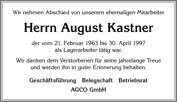 Traueranzeige von August Kastner von Allgäuer Zeitung, Füssen
