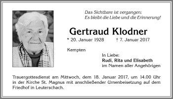 Traueranzeige von Gertraud Klodner von Allgäuer Zeitung,Kempten